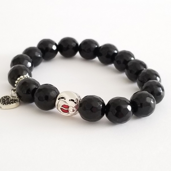 New Black Onyx Stone Silver Charm Bracelet - Picture 2 of 3